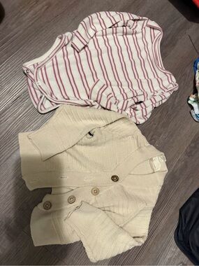 Cream Knit Cardigan and Cream & Pink Stripe Bodysuit Set - 6-12 month